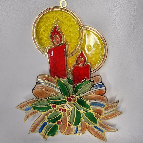 Vintage Suncatcher Christmas Candles and Holly Plastic Stained Glass Ornament - Picture 4 of 13